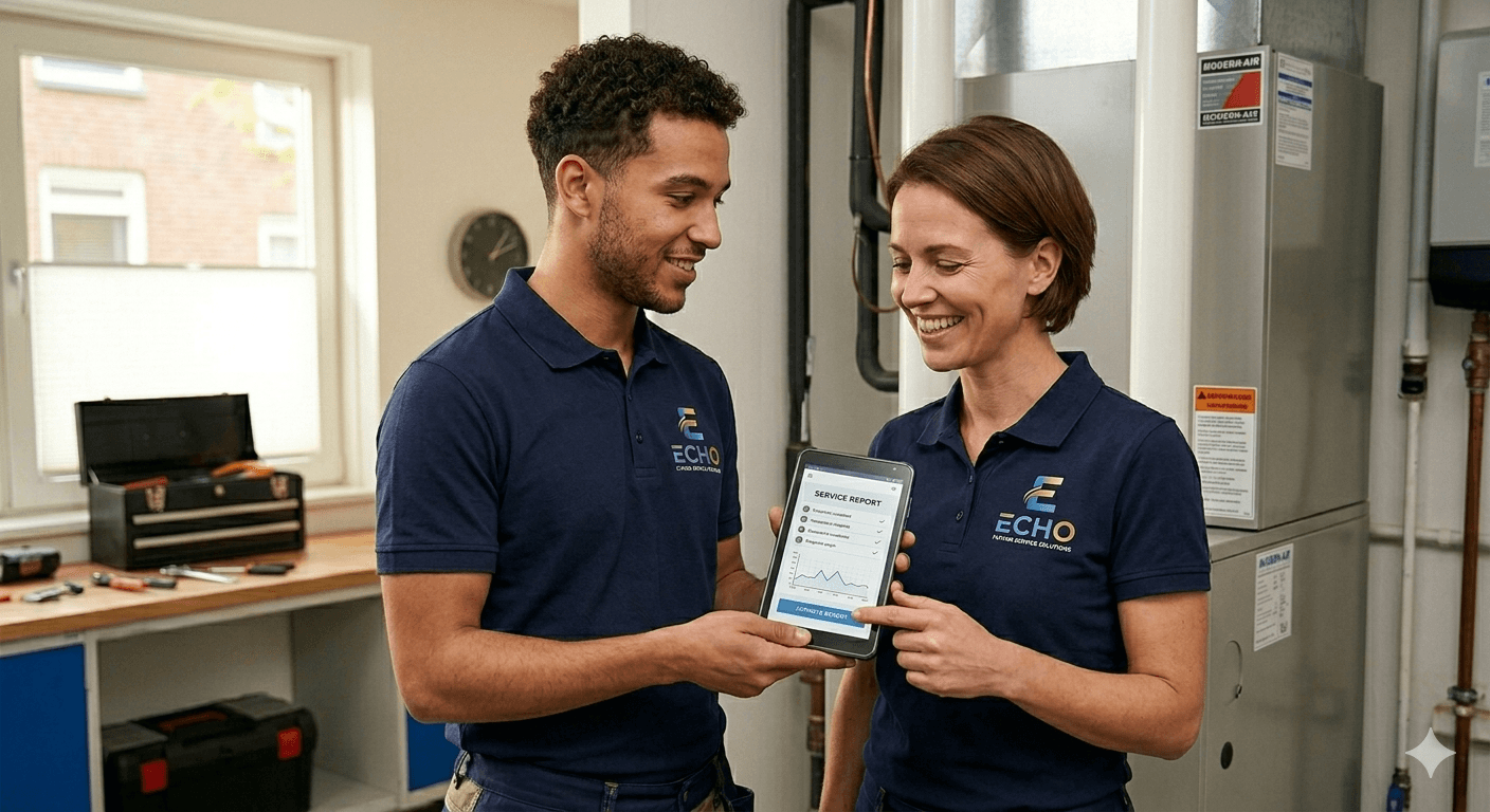 Plumbing professional checking app in utility room
