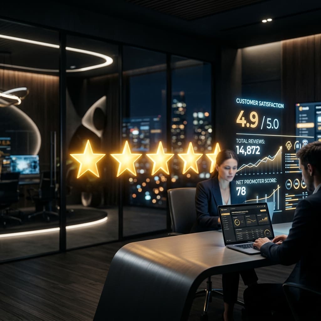 Business owner checking positive reviews on tablet