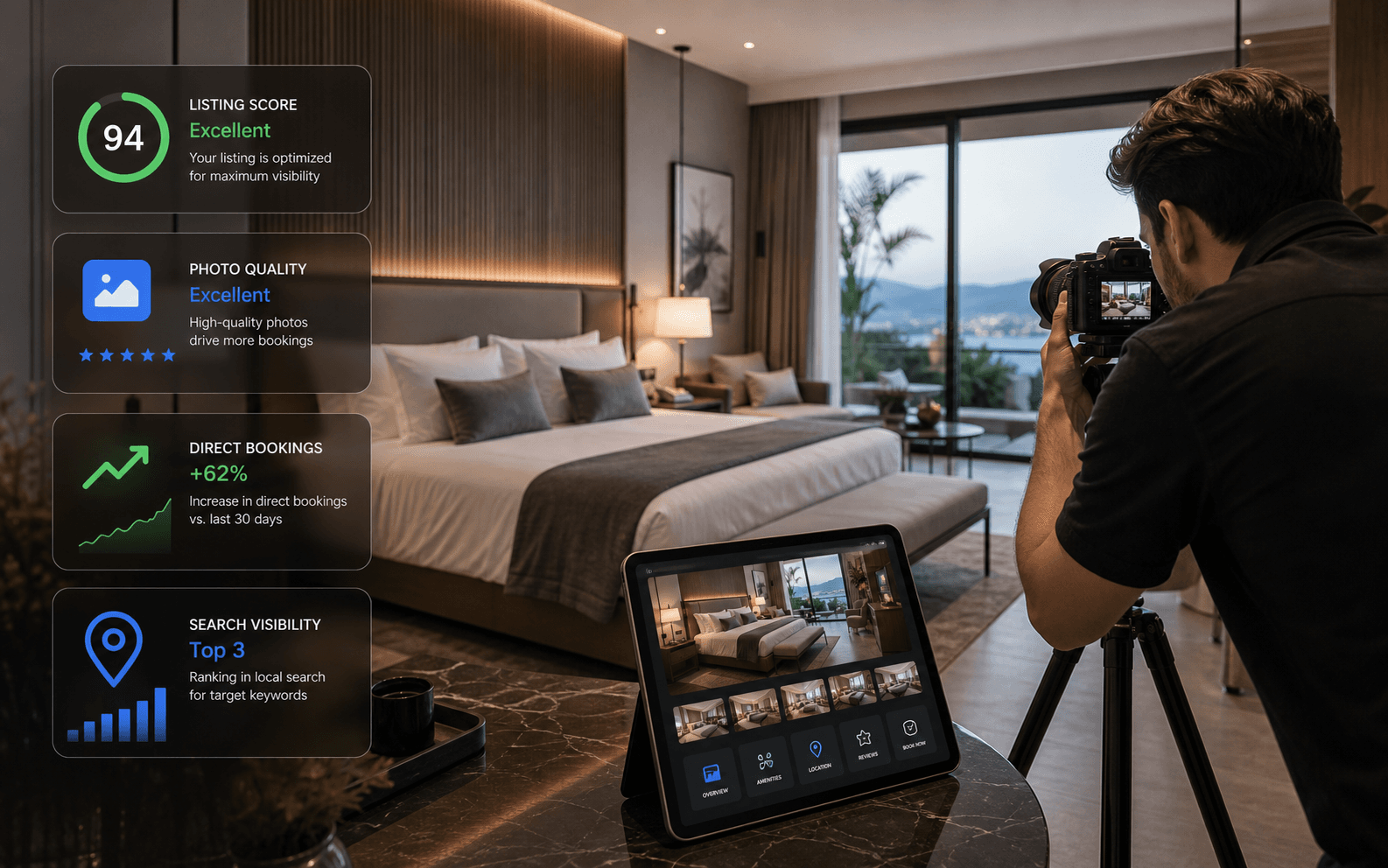 Hospitality business profile optimization with stronger photos, listing quality, and local search performance